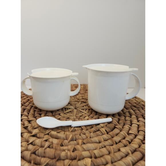 Tupperware Vintage Sugar & Creamer Spoon Set White Snap Lid Coffee Tea - Picture 2 of 12